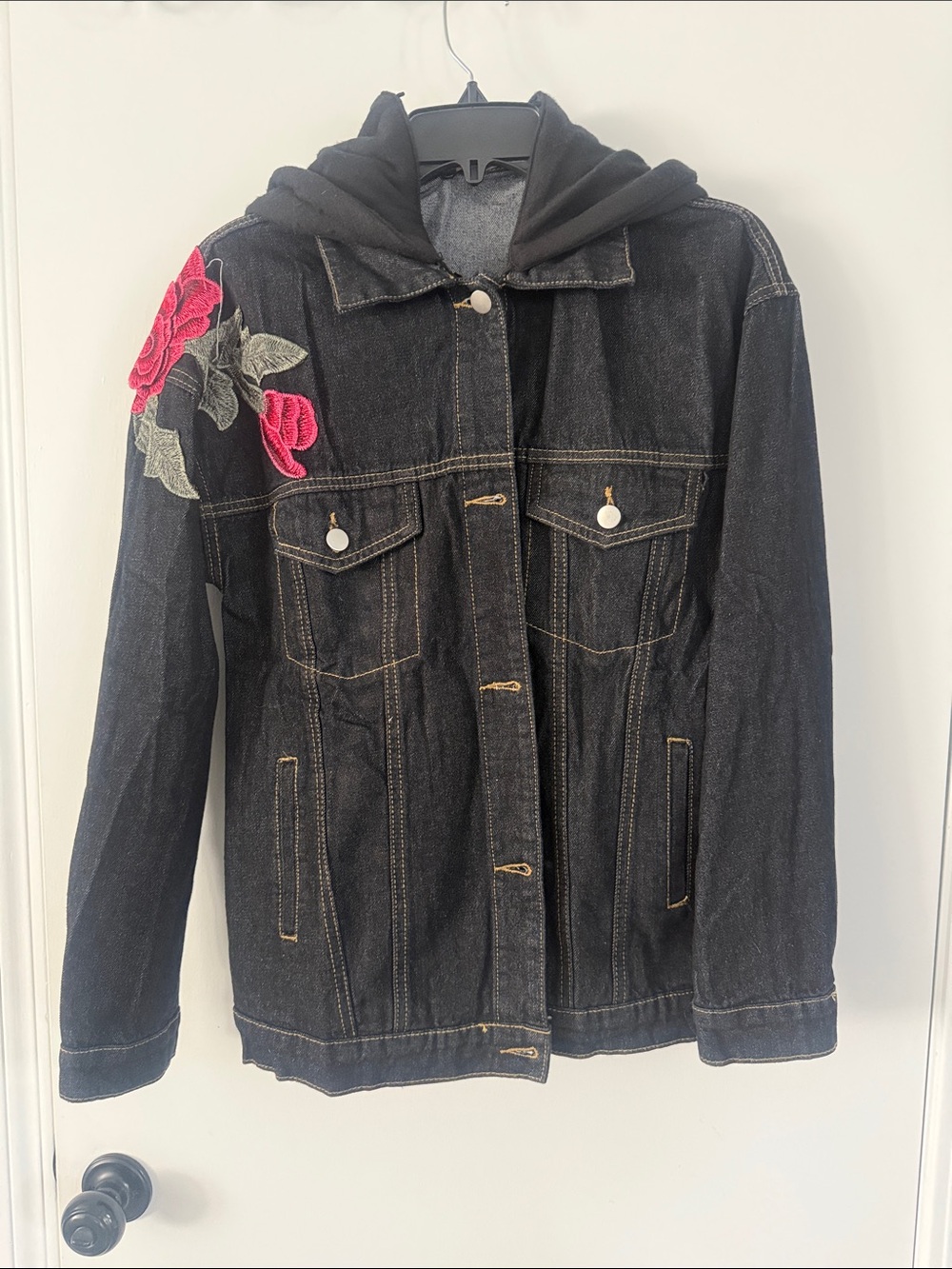 Thirty Six Point 5 Embroidered Rose Patch Denim Jacket with Hood Medium NWOT